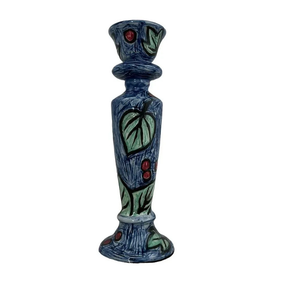 Evandale Porcelain Rare Blue Handpainted Picasso Look 10” Candle Holder - Picture 1 of 5